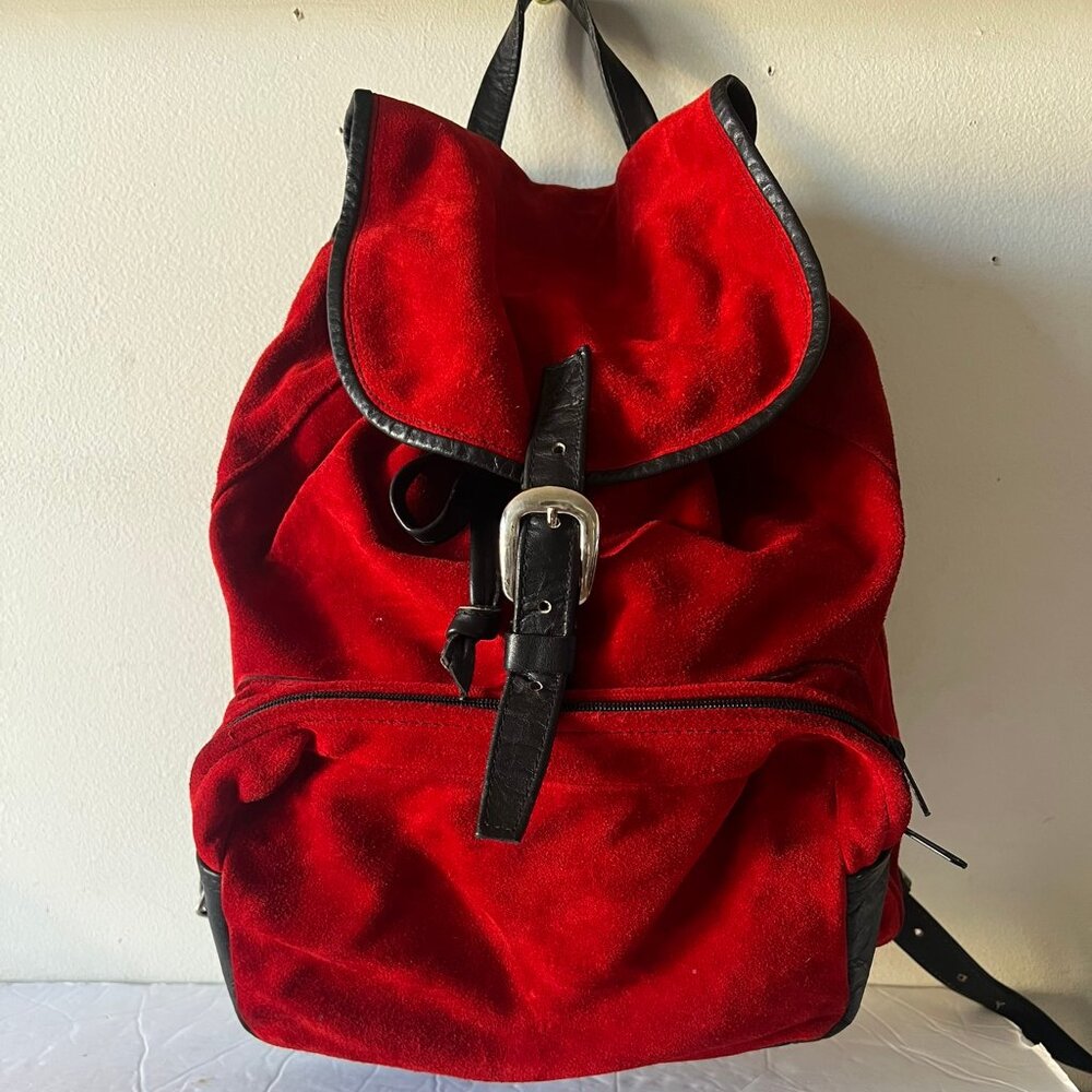 VINTAGE SUEDE RED BACKPACK WITH LEATHER BLACK TRIM
